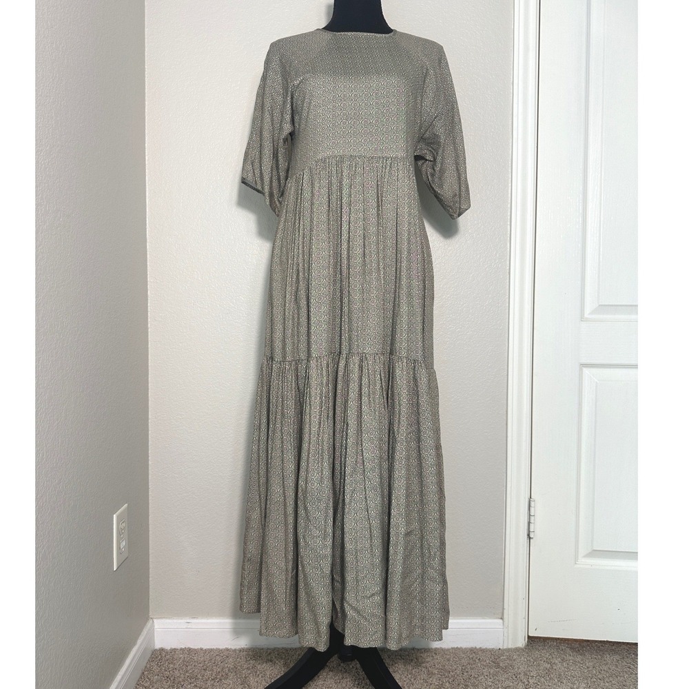 Christy Dawn Theo Midi Dress XS Green Floral Tiered Short Sleeve Deadstock USA